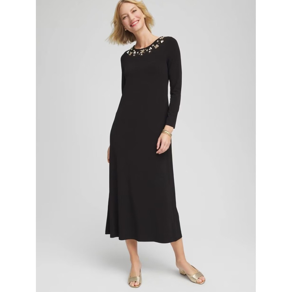 Chico's maxi dress womens 2 US L black long sleeve diamond embellished stretch